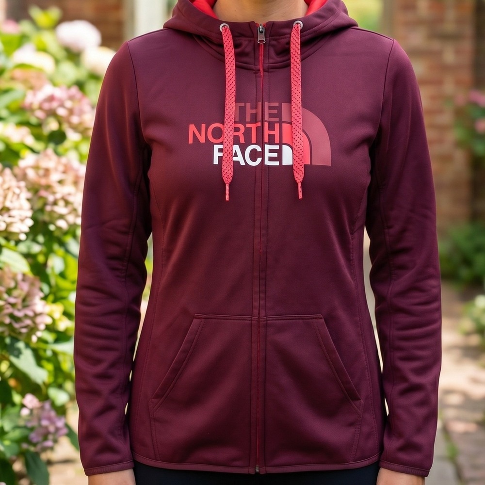 The North‎ Face Womens Burgundy Fleece Full Zip Hoodie Logo Thumbholes Maroon M